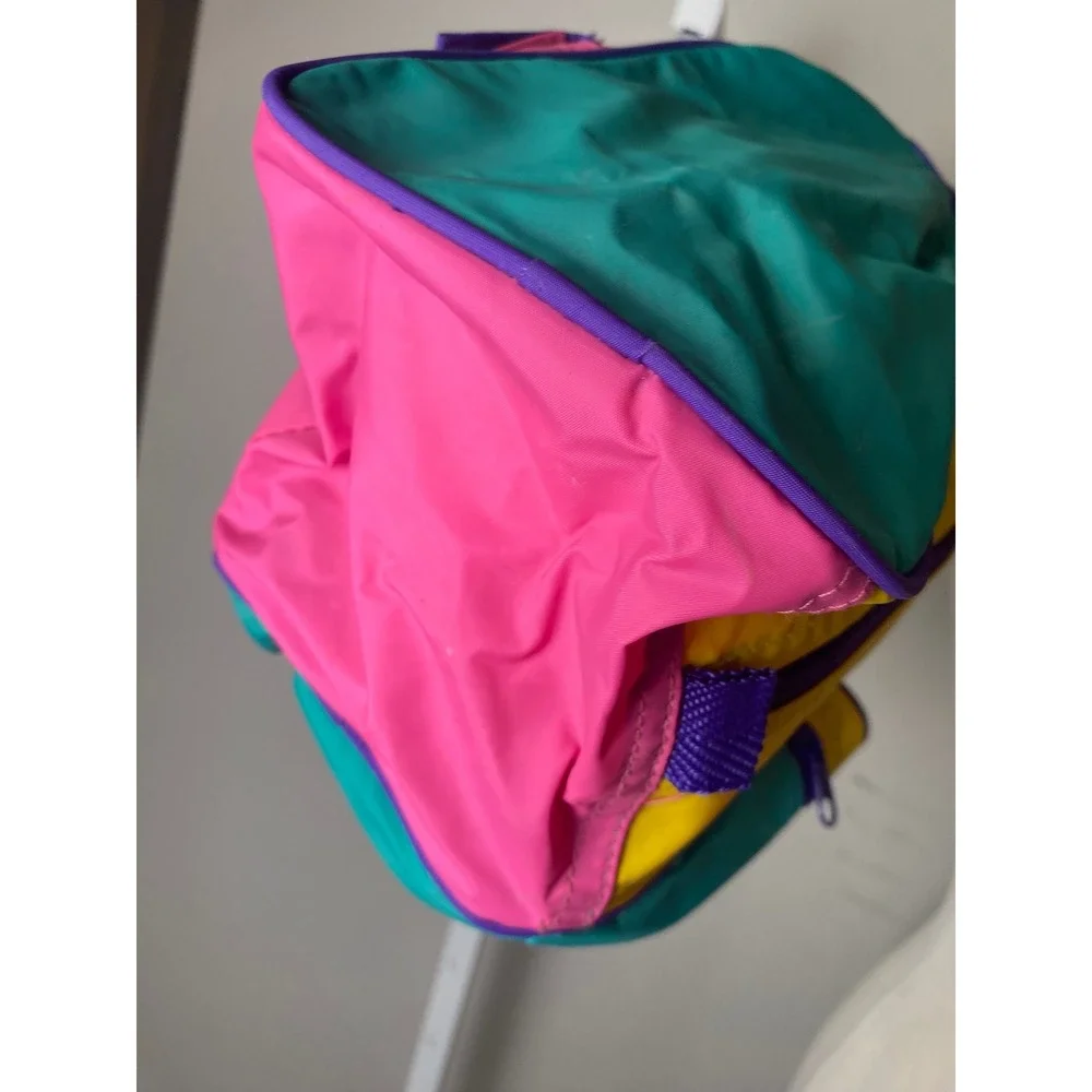 Vintage 80s 90s Colorblock Backpack Pink Yellow Teal Retro Vinyl School Bag